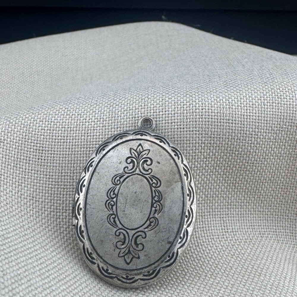 Vintage Silver Tone Locket Pendant Oval Etched Scrollwork Design